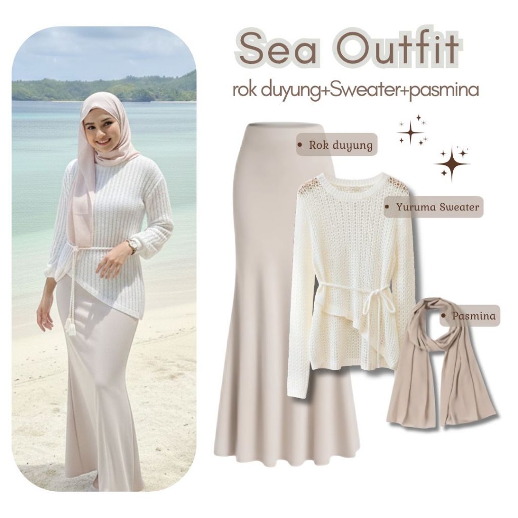 Oneset Sea Outfit Sweater Yuruma Rok Duyung Pasmina Setelan Fashion Hijab Kepantai Putih Ivory Sweat