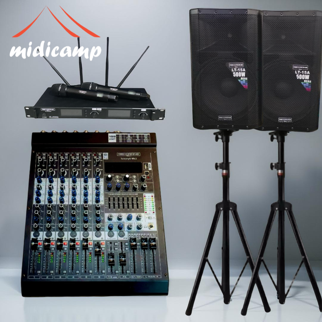 Paket Sound System Recording Tech – Mixer 6 channel,, Speaker 15 inch, Mic Wireless & Stand