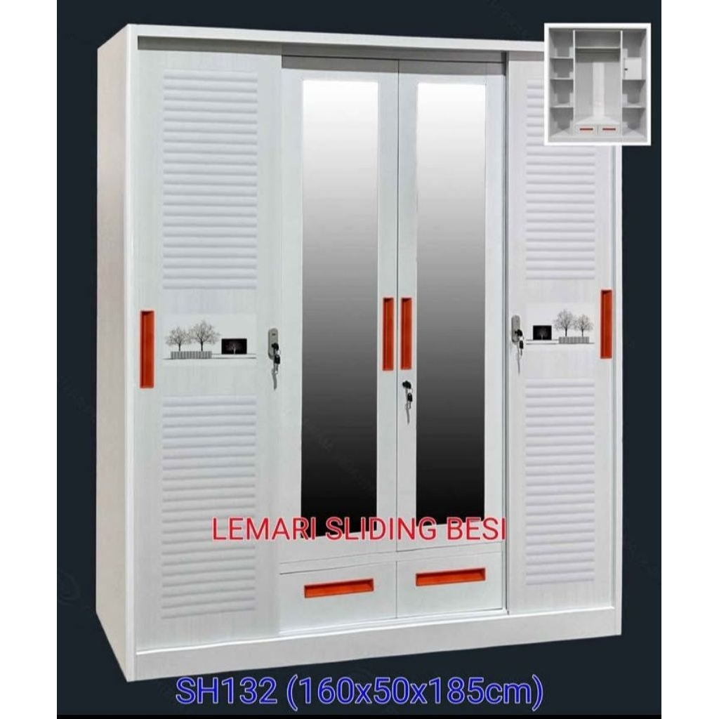 BATAM - Lemari sleding Pakaian Besi 4 pintu SLIDING & SWING DAN LACI 160CM ANTI KARAT