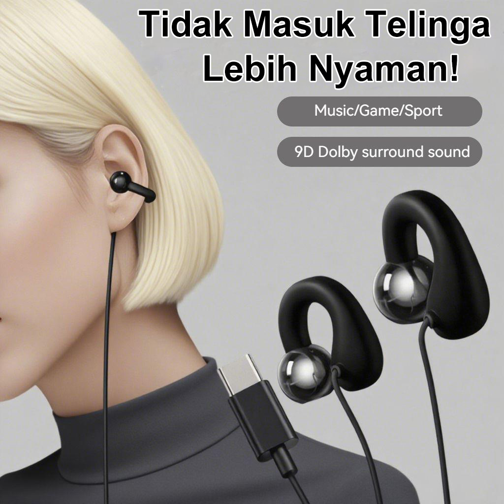 Headset Kabel Type C 0 Delay Super Bass9D Earphone Open Ear anak perempuan Mic Jernih Tidak Masuk Te