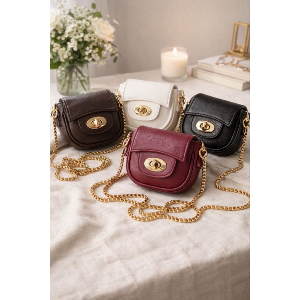 tas selempang wanita koin mini motif polos new collection rantai emas (ulir)