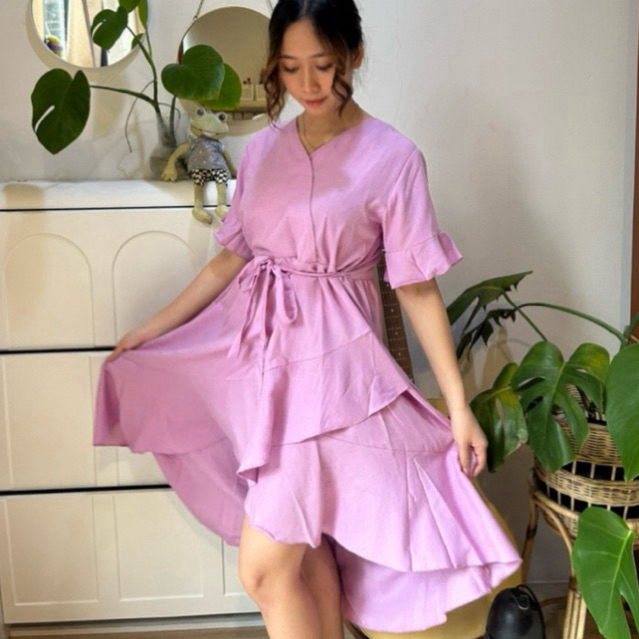Evara | Dress Korea Kerut / Baju Dress Ibu Hamil Nyaman Feminine Wrap Dress Ruffle V-Neck / Dress Pa