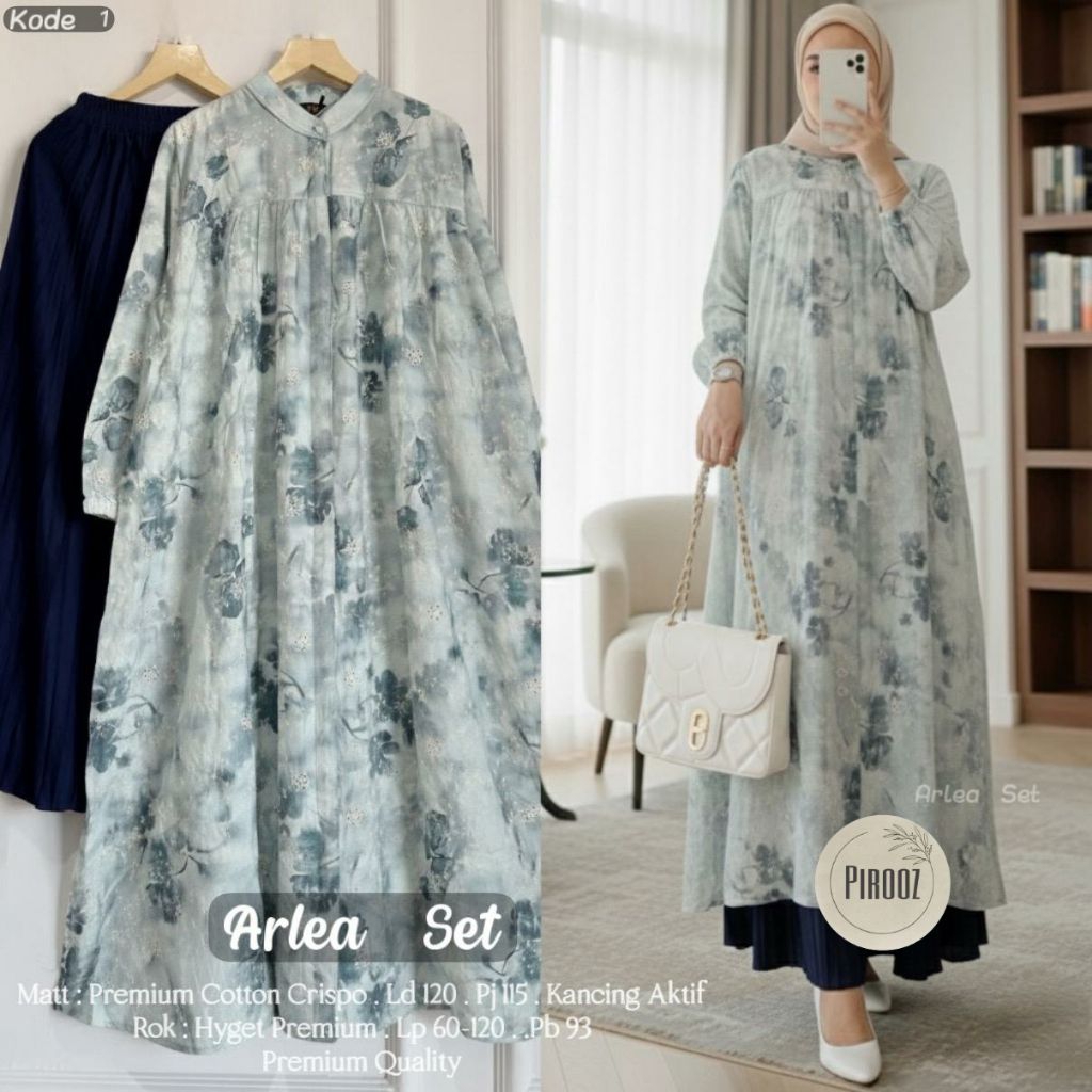 Arlea set setelan tunik dan rok by Athaya long tunic jumbo ld 120 rok panjang plisket long tunik flo