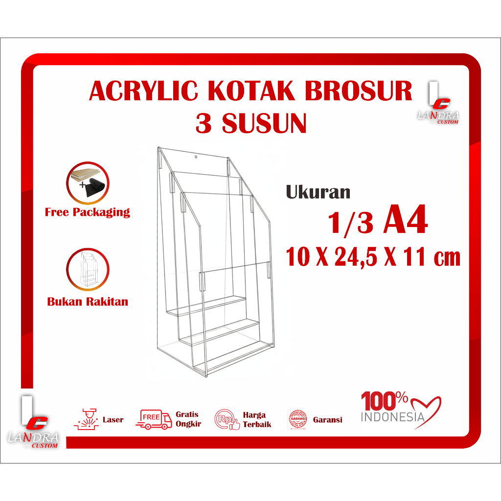 Akrilik Tempat Brosur 3 susun Ukuran 1/3 A4 - Acrylic Display - Rak Display 3 susun - Rak Brosur 3 S