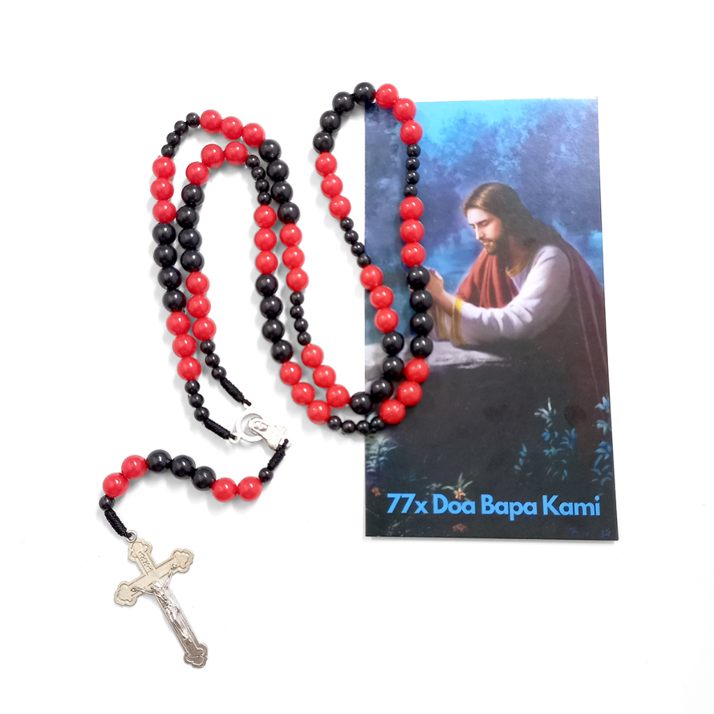 Kalung Rosario 77 Bapa Kami Bahan Parel Warna Merah Hitam - Rosario 77x Doa Bapa Kami - Rosario 77 B