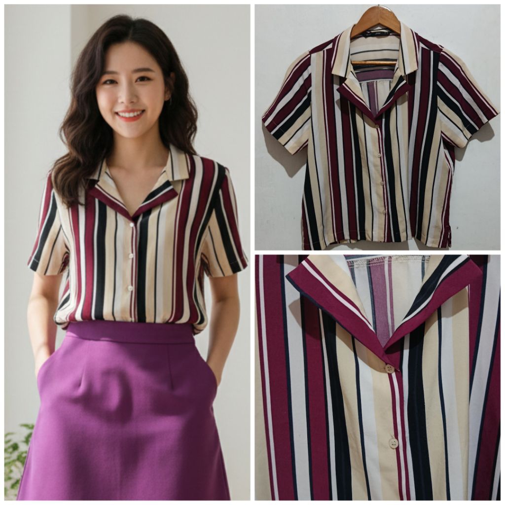 KEMEJA WANITA SALUR CROP UNGU CREAM