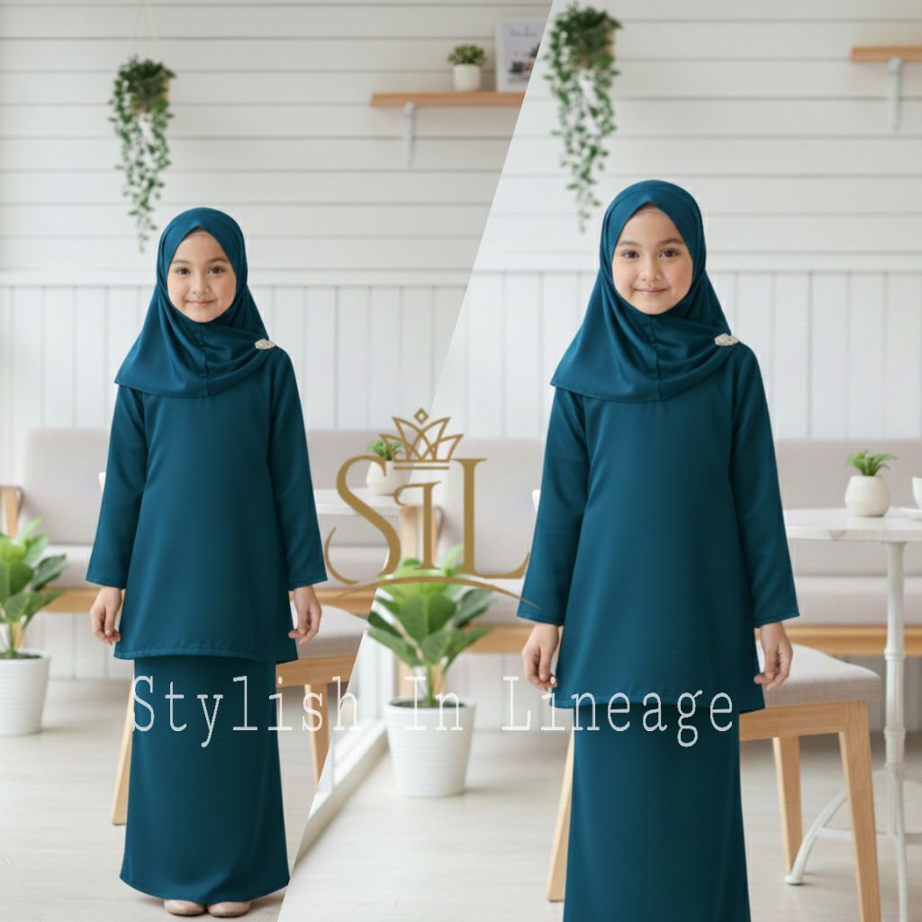 Set baju kurung melayu anak perempuan (atasan dan rok) bahan satin tunik anak murah pakaian muslim a