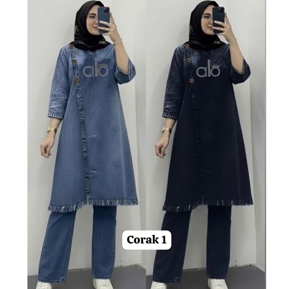 Kamava Setelan Jeans Long Tunik Kombinasi Payet Floroski