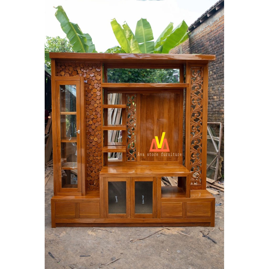 Lemari TV Kayu Jati Asli Minimalis Modern Ukiran Jepara | Rak TV Ruang Tamu Mewah / Partisi TV Jati 