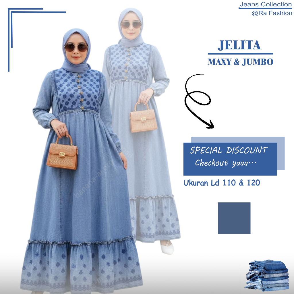 Gamis Jeans Wanita Jelita Maxy Snow Blue Lengan Panjang Kancing Aktif Saku Kanan Kiri Ld 110 Ld 120