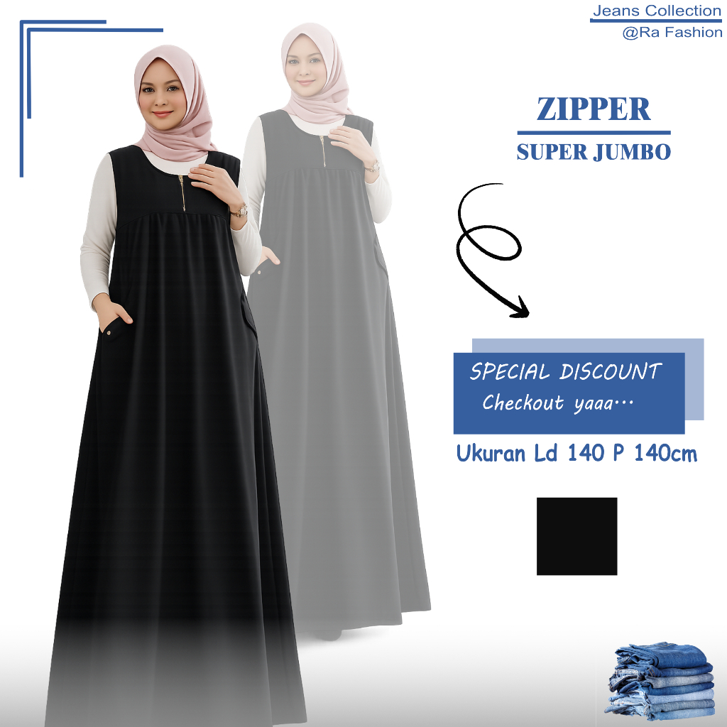 Overall Jeans Jumbo Zipper Wanita Material Jeans Snowblack Ukuran Ld 140 Overall Jumbo