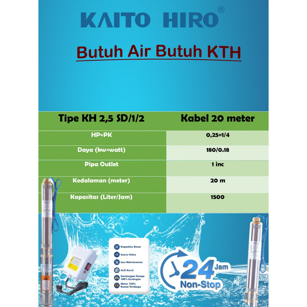 pompa submersible KH 2,5 Inc  0,25 HP Kaito Hiro + 20 meter