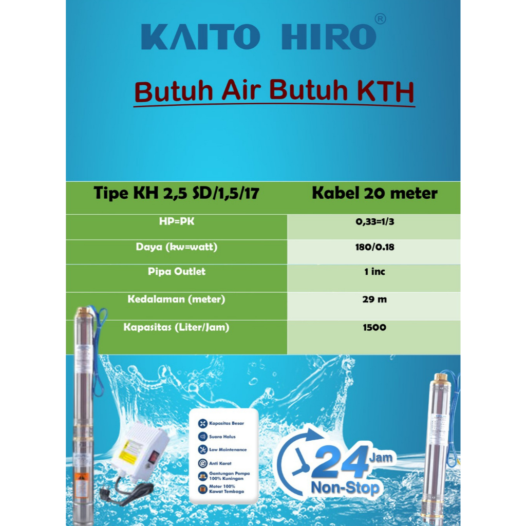 Pompa submersible KH 2,5 Inc 0,33 HP Kaito Hiro + 20 meter