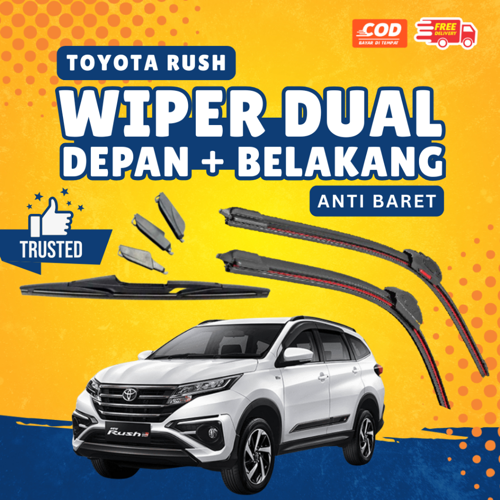 Paket Wiper Mobil RUSH Kaca Depan Dual Karet +  Wiper Kaca Belakang Single Karet Sapuan Bersih