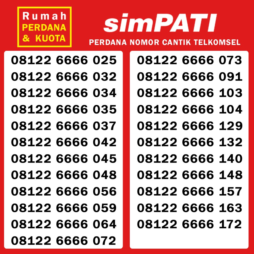 Perdana nomor cantik Telkomsel Simpati kuartet 08122 6666 xxxx 1a