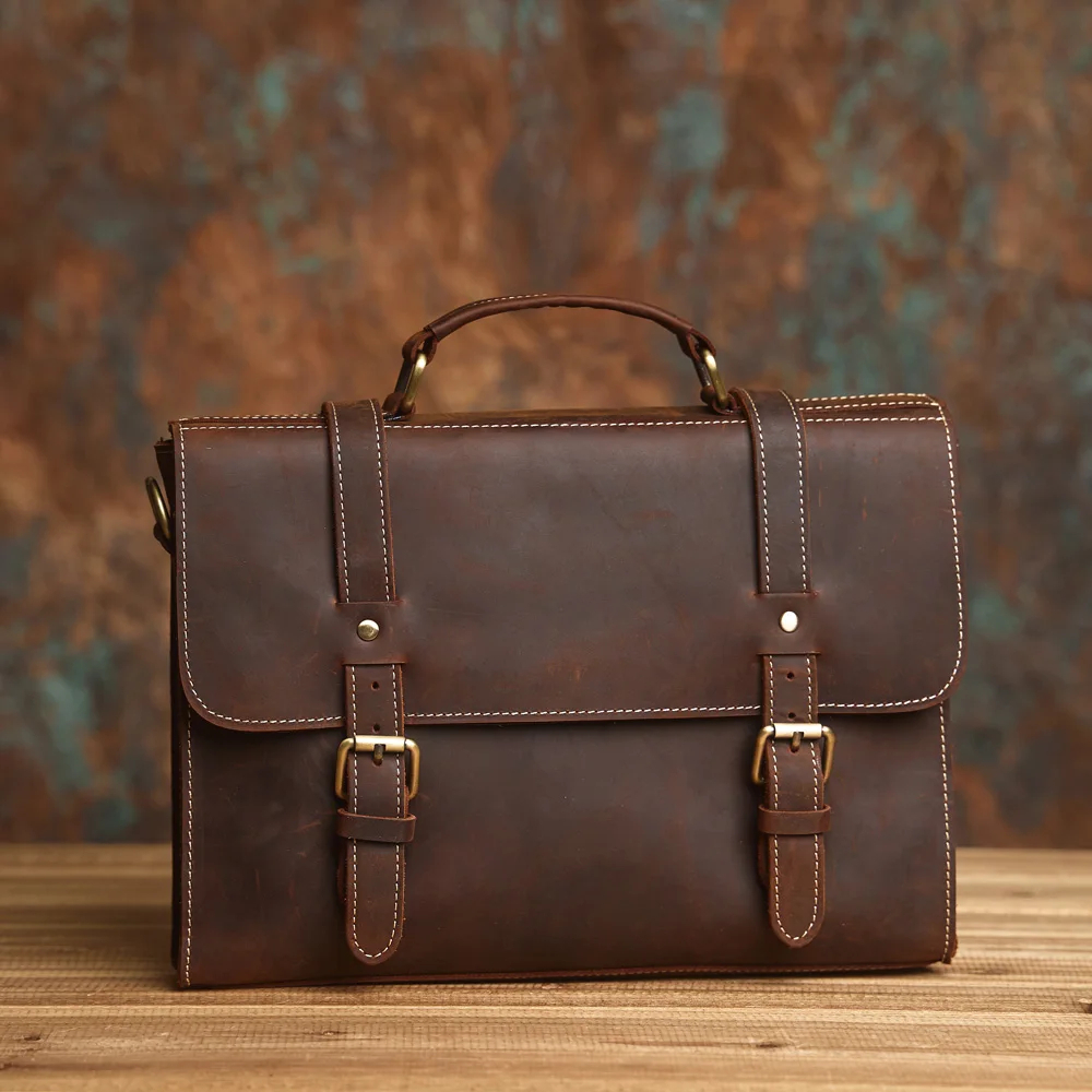 Tas Kerja Pria Kulit Asli Gaya Retro, Tas Bahu, Tas Laptop, Tas Kantor, Tas Dokumen