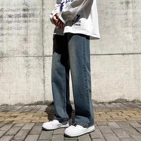 ROMINSY Jeans Wide Celana Jeans Wide Leg Pria Loose Fit Denim Biru Tua Streetwear Oversize Jeans Wid