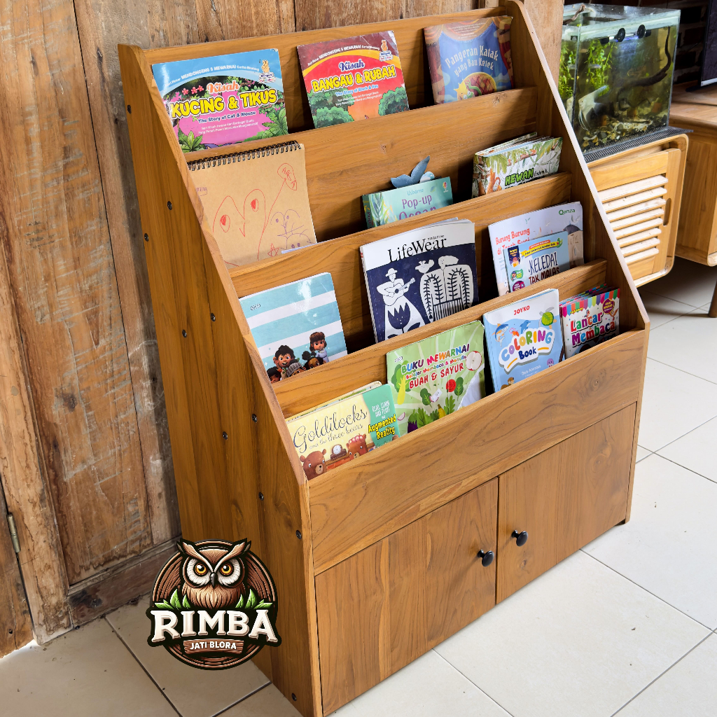 Rak Buku Montessori Anak Kayu Jati | Desain Minimalis