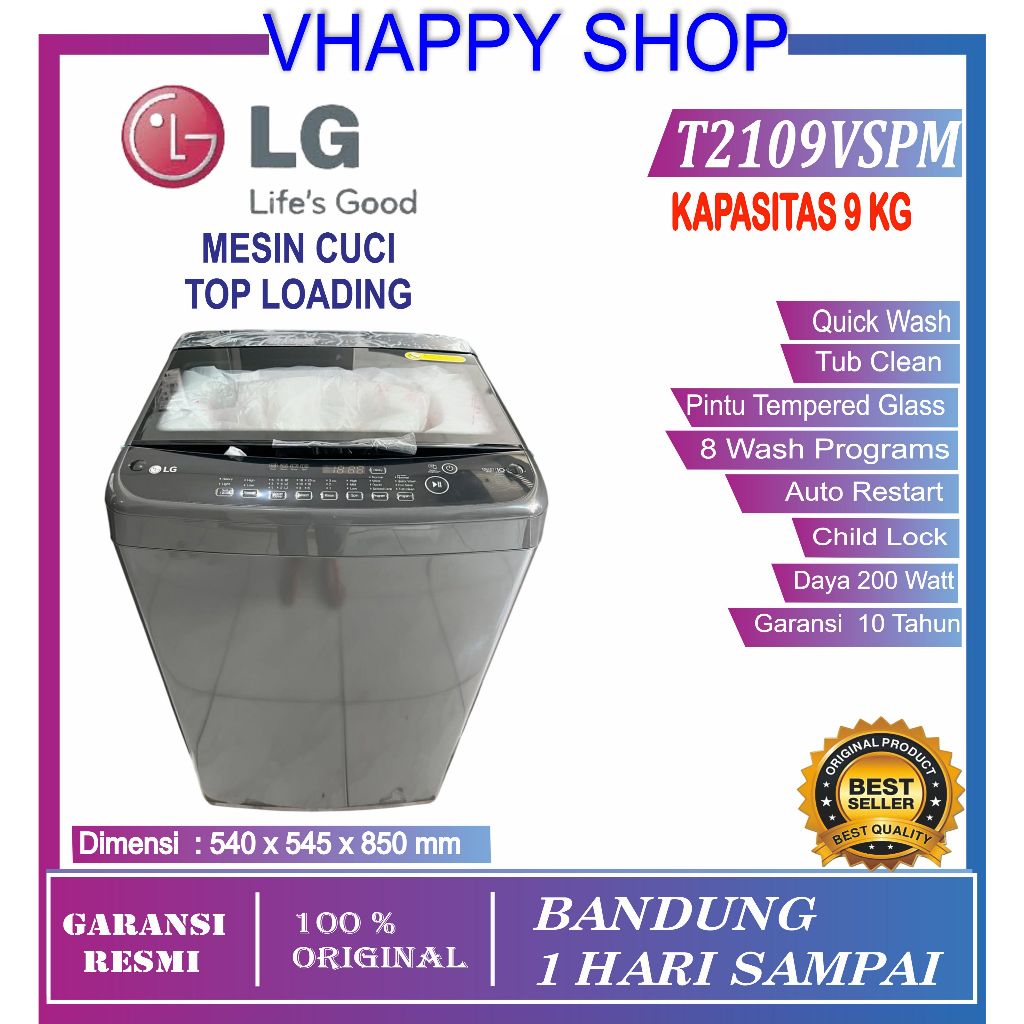 LG Mesin Cuci Top Load  T2109VSPM  9kg - Smart Inverter dengan Turbo Drum | T2109VSPM Garansi Resmi
