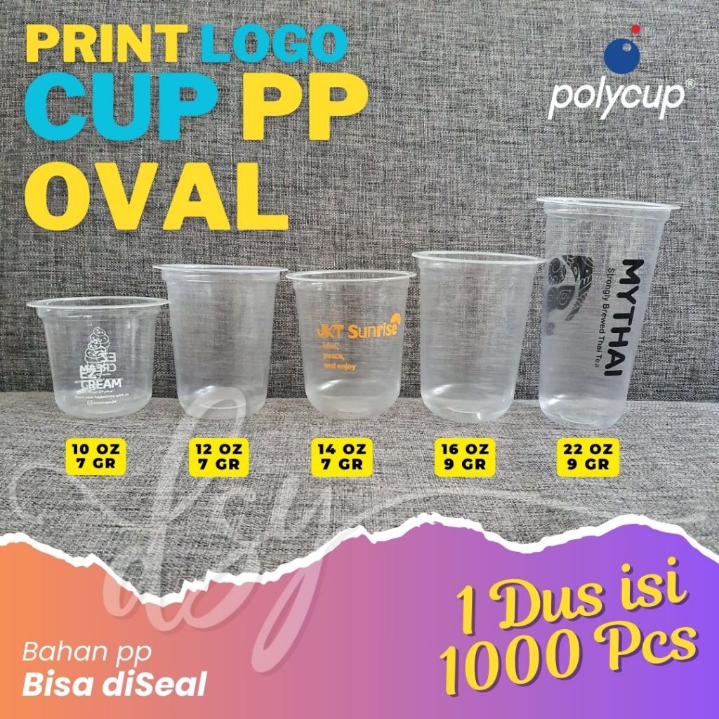 Sablon Cup Plastik PP OVAL Polycup 10/12/14/16/22 OZ Print Cetak Gelas