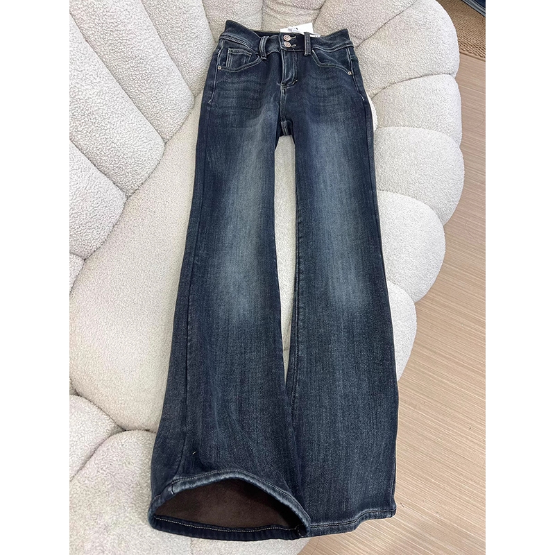 Biru-abu Highwaist lurus Celana Jeans Wanita Korea