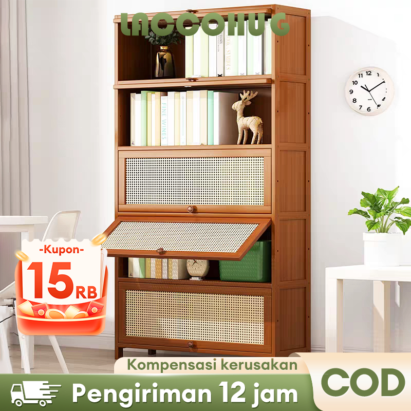 Laccohug  Lemari Kayu Rotan Lemari Buku Kayu Minimalis Rak Buku Anak Lemari Buku Lemari Buku Book