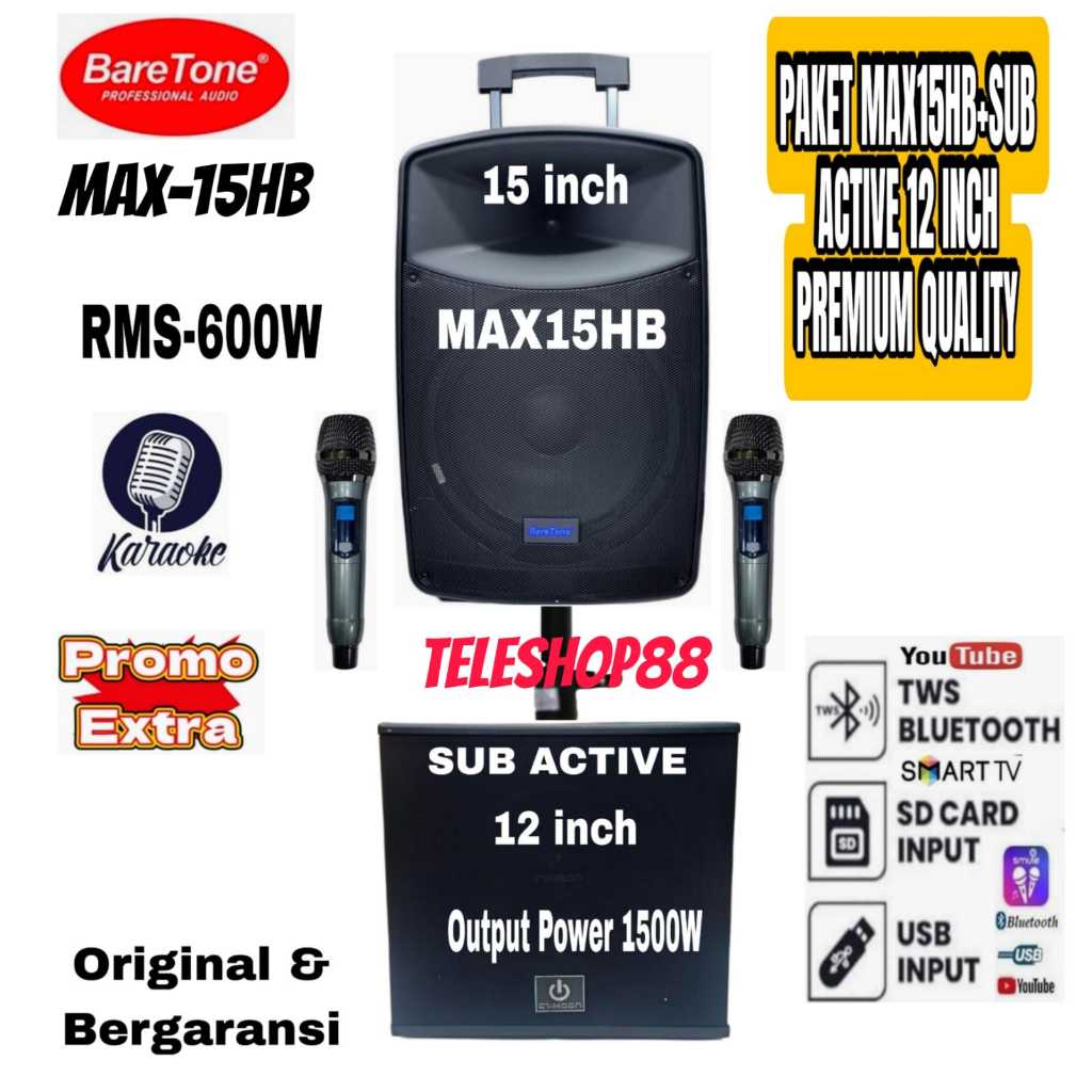 Paket Sound System Speaker Portable Baretone MAX15HB + Subwoofer 12 Inch Original Kualitas Premium
