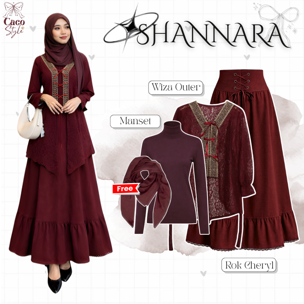 SHANNARA OneSet 4In1 Maroon OOTD Lebaran Tunik Brokat ( Bella Sqaure + Manset + Tunik + Rok ) -CO115