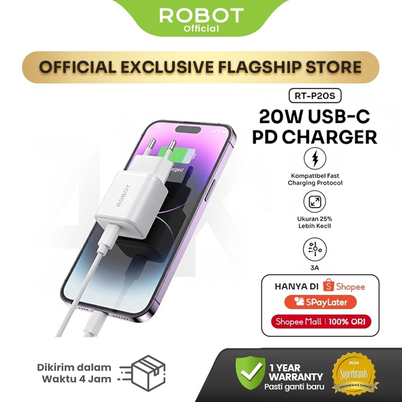 ROBOT Adaptor Kepala Charger iPhone 17 16 15 GaN 20W Fast Charging Samsung Type C & Lightning RT-P20