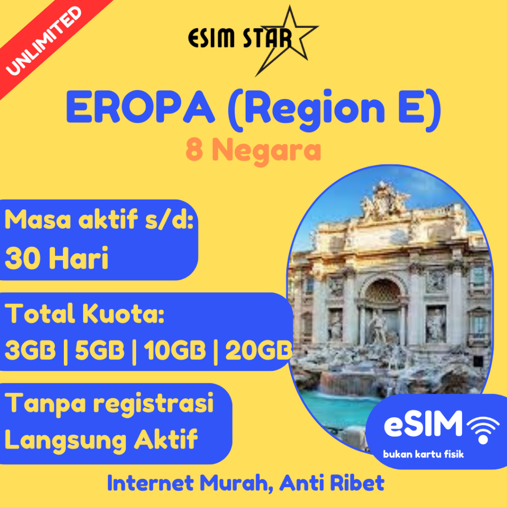 esimstar - ESIM EROPA EUROPE Region E | Austria, Denmark, France, Ireland, Israel, Italy, Sweden, UK
