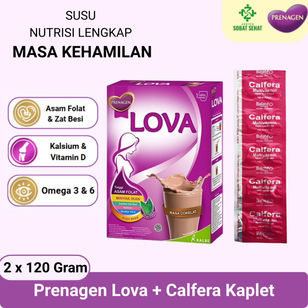 [PAKET BUMIL LOVA 2] - @2 Prenagen Lova coklat 120gr + Calfera 1 strip | Vitamin dan Nutrisi Ibu Ham