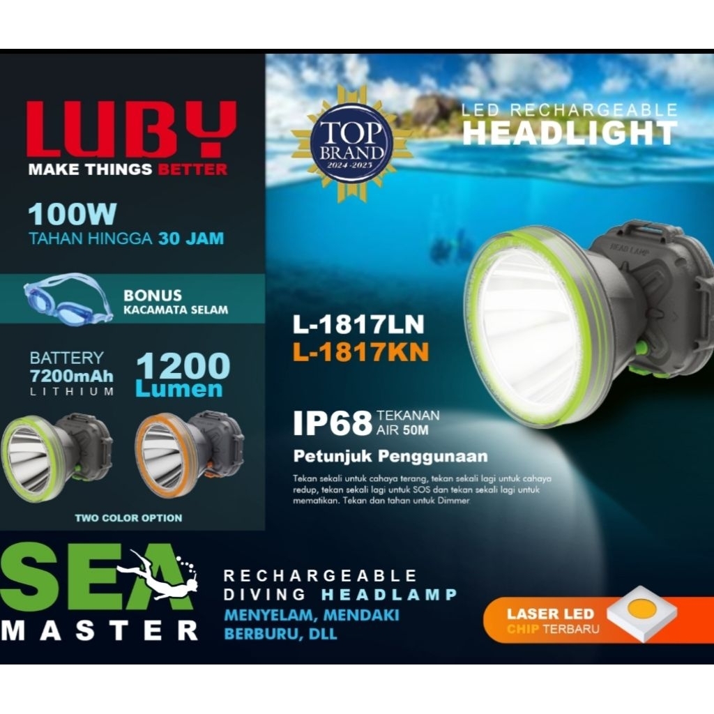 LUBY DIVING HEADLAMP / SENTER KEPALA SELAM 100 WATT LUBY L-1817