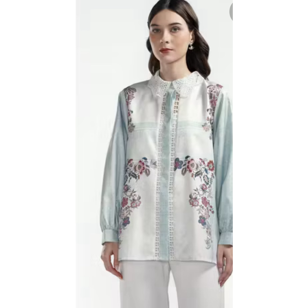 Atasan BJ_Benang Jarum x Raisa Festive Finesse Lace Colar Shirt Mint Size s