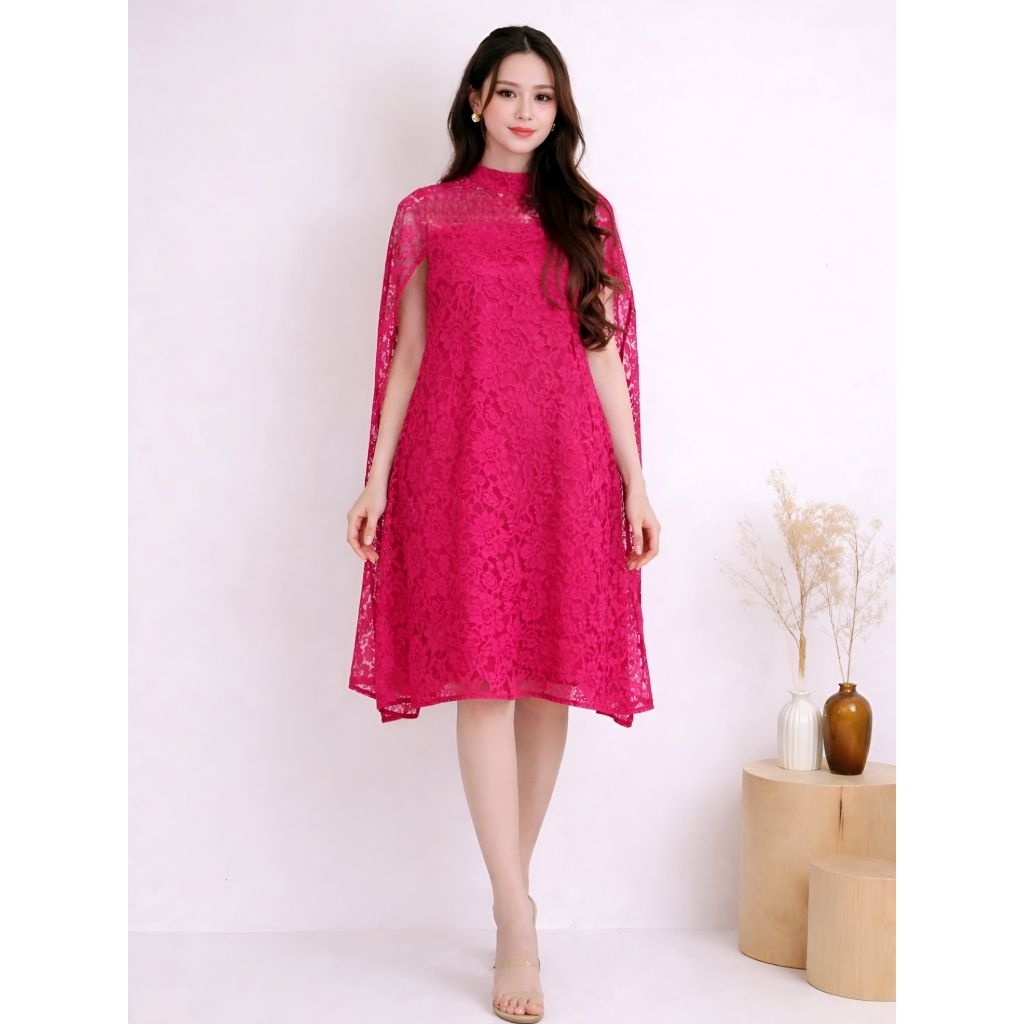 Dress Martina Dress Brokat Wanita Model Cape Gaun Pesta Elegan Formal Kondangan Modern Rx