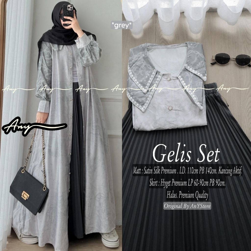 Gelis Set by Any Setelan Long Tunik Bahan Satin Silk Premium Rok Plisket Best Seller