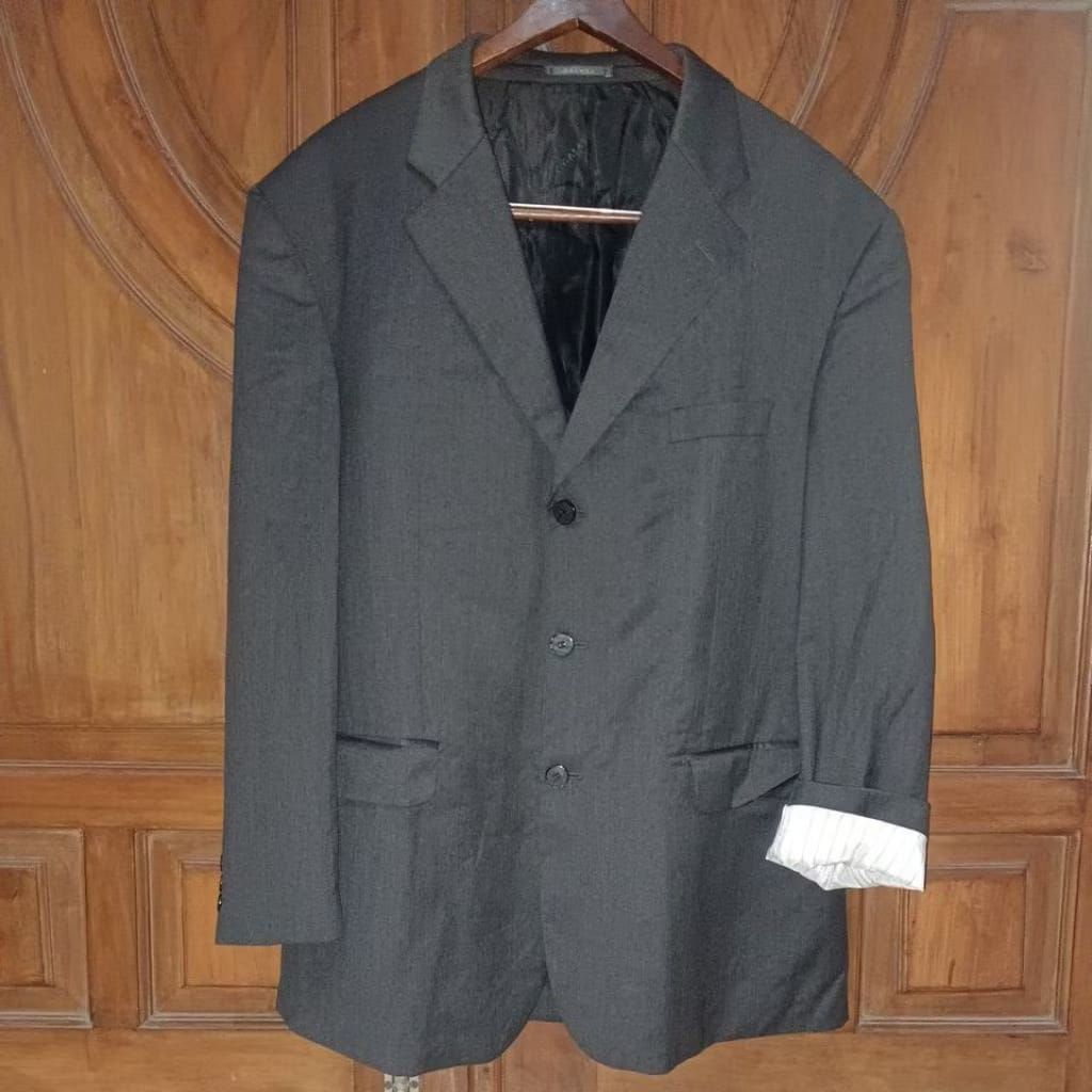 PRELOVED GALAXY Jas Formal Pria Charcoal Grey Stik Balik Putih Salur Bigsize LD 114