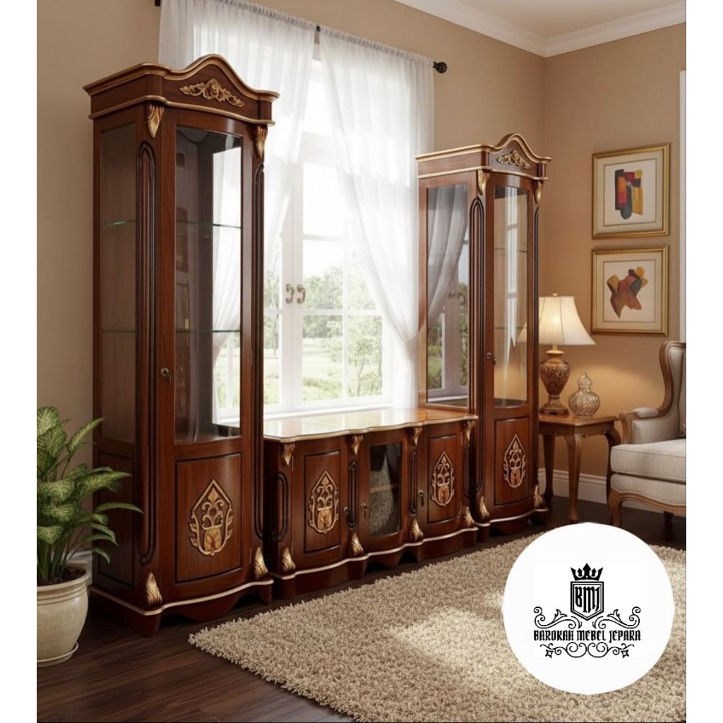 bufet jati meja tv dengan lemari kabinet hiasan kaca lengkung