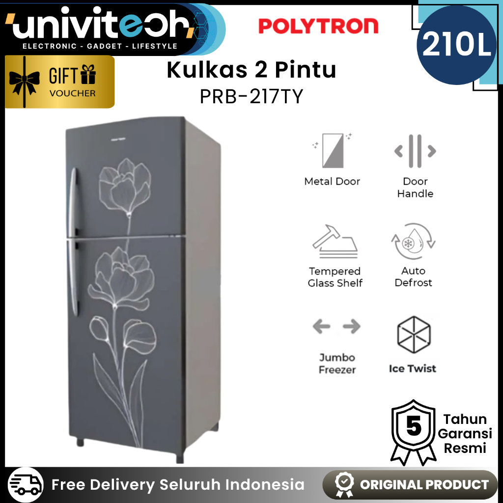 Kulkas Polytron 2 Pintu 210 Liter PRB 217TY/PR/LB Tanpa Bunga Es Low Watt Fast Cooling Jumbo Freezer