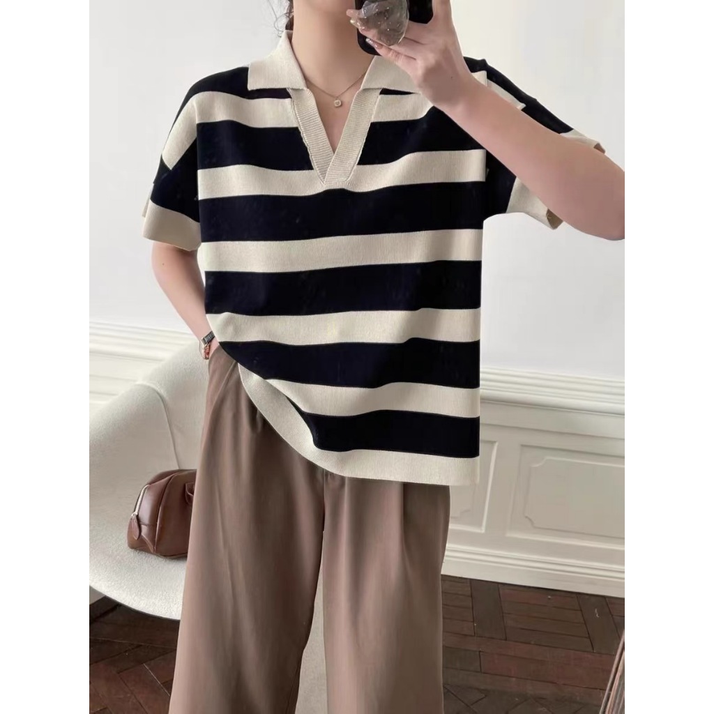 Atasan Rajut Big Size Kerah Polo Motif Garis Wanita Stripe Polo Neck Patch Sleeve Oversize Knitted T
