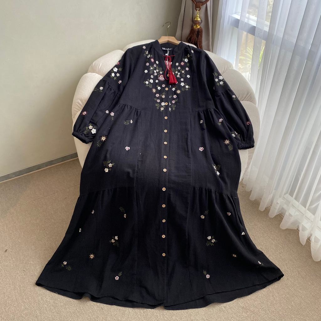TIARA Gamis Linen Bordir Full Kancing - Gamis Lengan Balon Busui Friendly