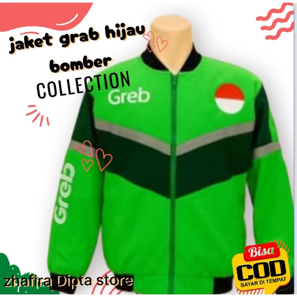 Jaket bomber GB Hijau List Hitam - Ukuran M L XL XXL LengkapAtribut Driver Grab Terbaru - Jaket Ojol
