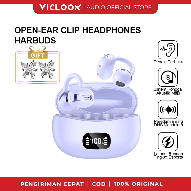 VICLOOK Open-Ear Clip Headphones/Harbuds  Earphone Jepit Telinga COD Headset Bluetooth TWS Wireless 6.0 Sport Bone Conduction Earphones HIFI Waterproof
