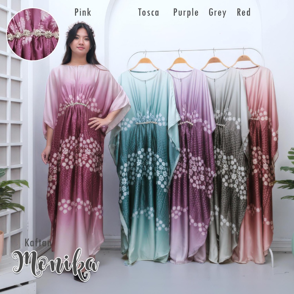 Funie Kaftan Monika Motif Floral Bahan Armani Silk Aksesoris Diamond