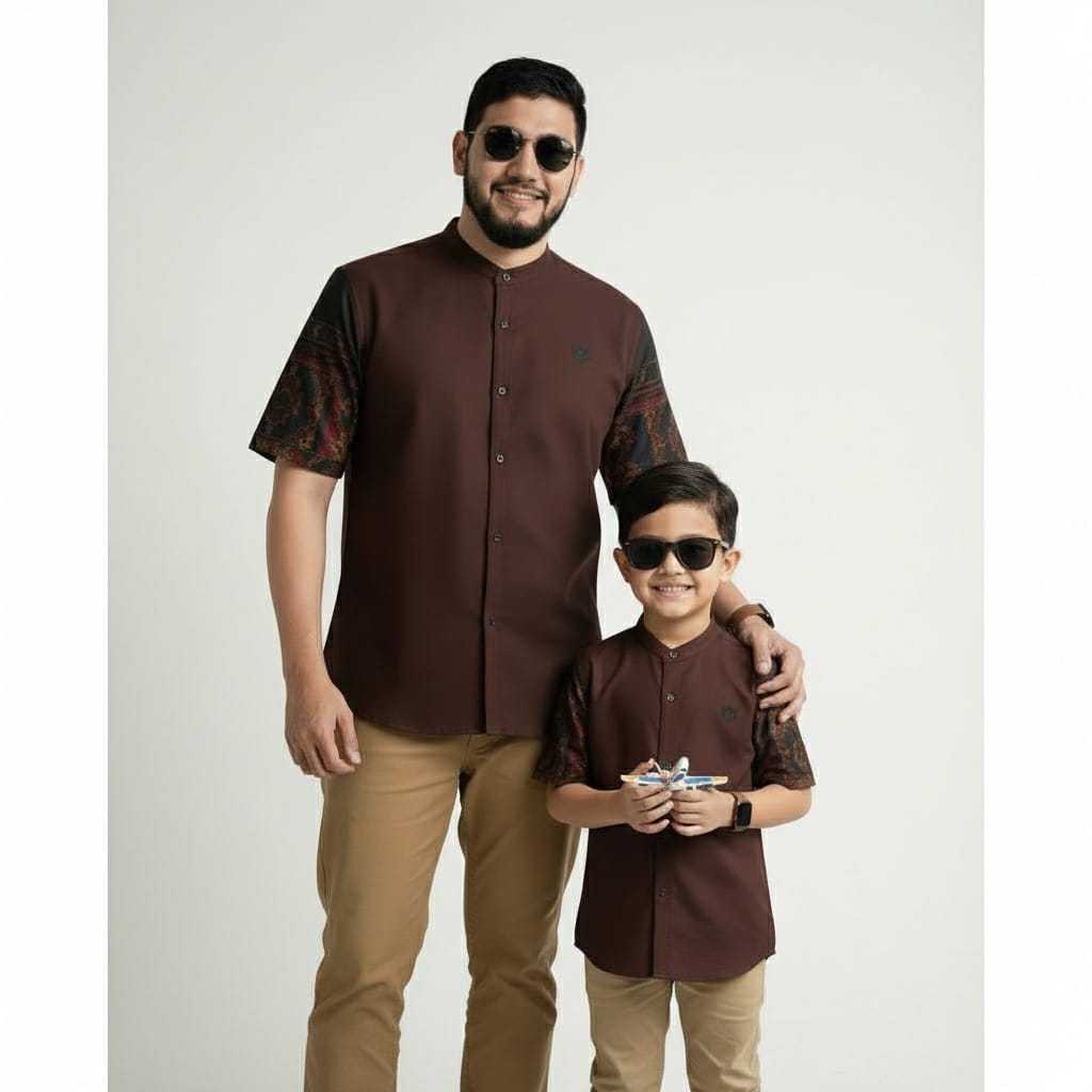 Baju Koko lengan pendek Couple motif kombinasi batik warna hitam Couple Ayah dan Anak premium