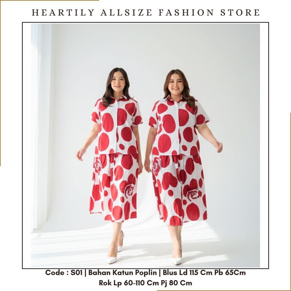 [ HEARTILY FASHION ] S01 Set Wanita Allsize Polkadot LD 115 - Rok LP 60-110cm Karet Pinggang Katun P