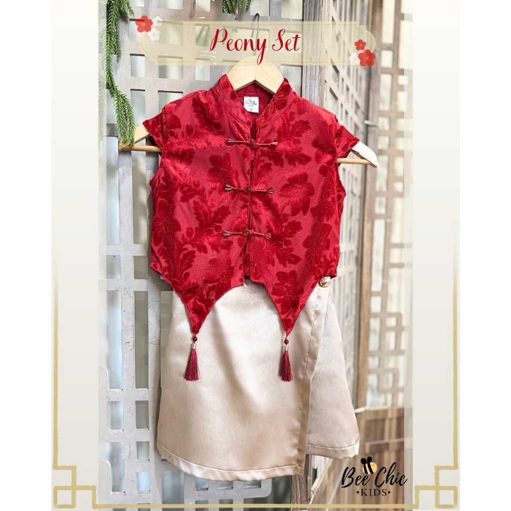 BeeChic.Kids Peony Set CheongSam Setelan Baju Rok Celana Red Velvet Blossom Tassel Shanghai Gold Sko