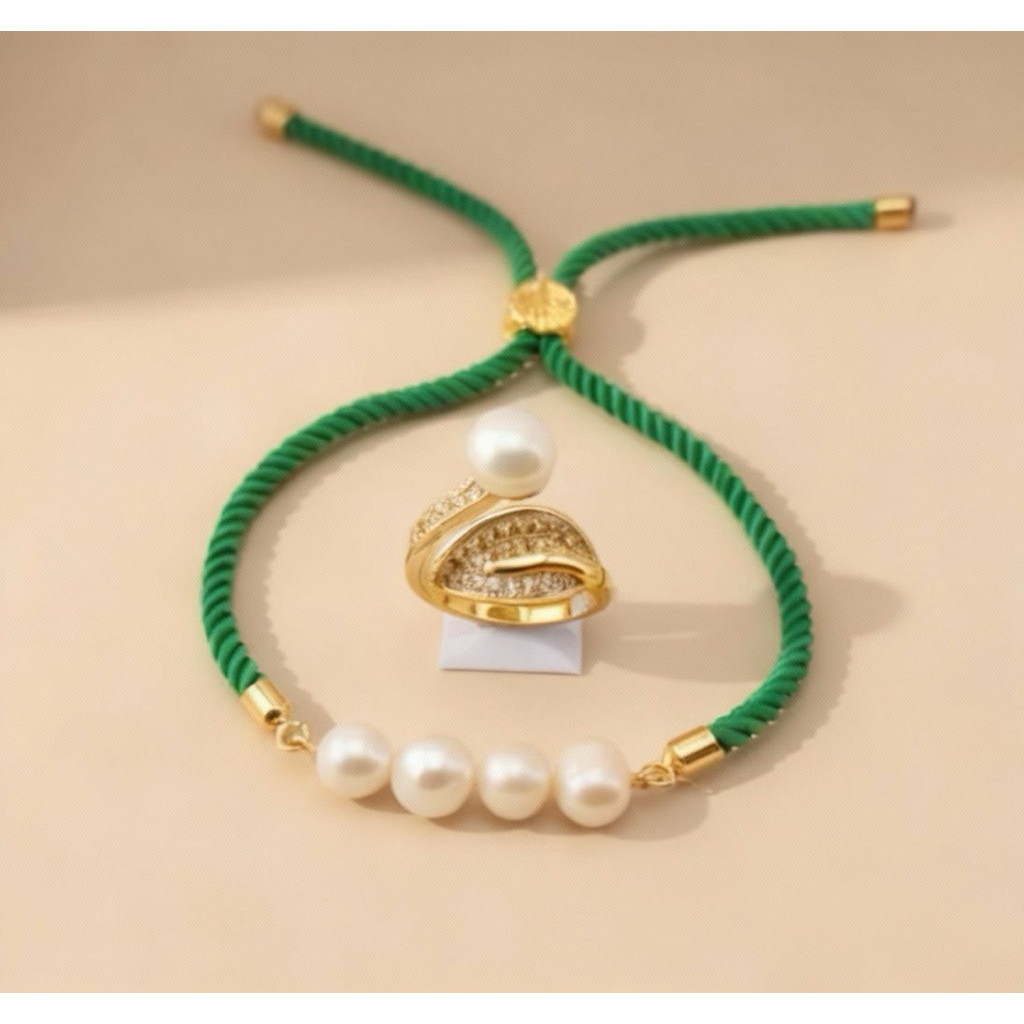 paket Set Aksesoris Perhiasan Gelang serut tali Cincin Rhodium Lapis Emas 18 Karat Mutiara Air Tawar