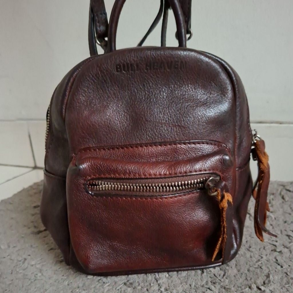 Mini Backpack Coffee Vintage Genuine Leather, Tas Ransel Kulit Sapi Asli