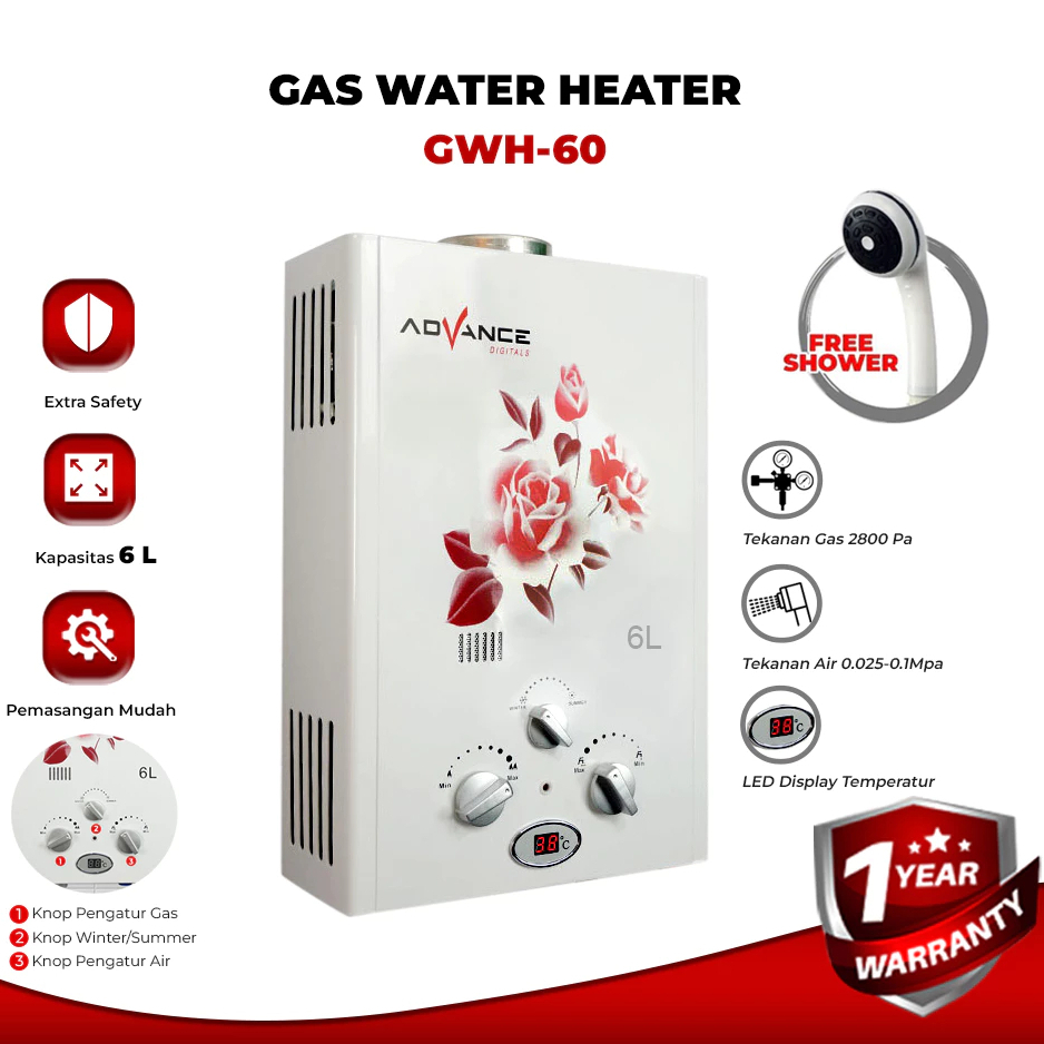 Advance GWH60 Gas Water Heater Pemanas Air Kamar Mandi bonus Shower