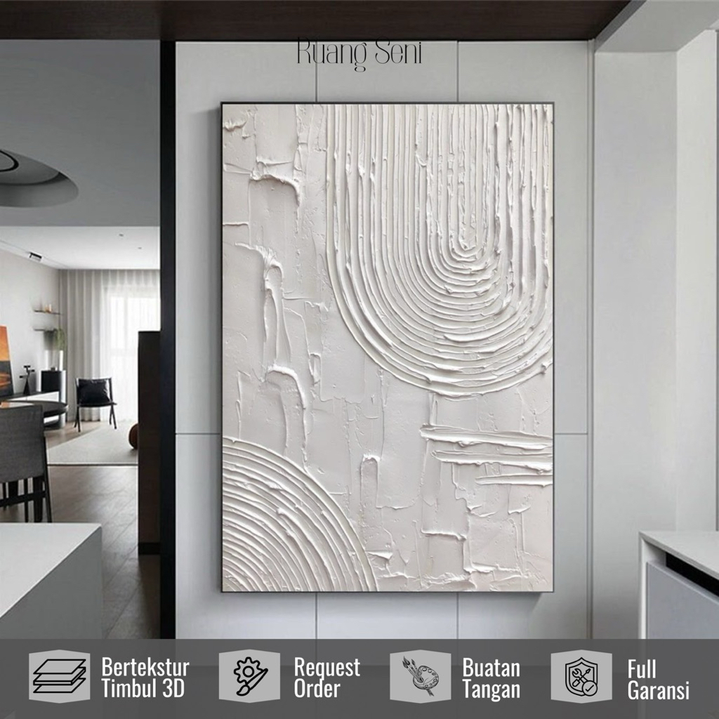Lukisan Abstrak Putih Tekstur Timbul 3D - Lukisan Abstrak Modern - Hiasan Dinding Minimalis